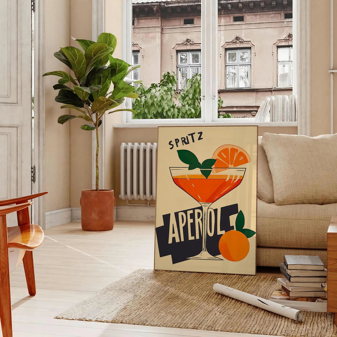 Illustration of an Aperol 2 cocktail in retro orange and brown tones
