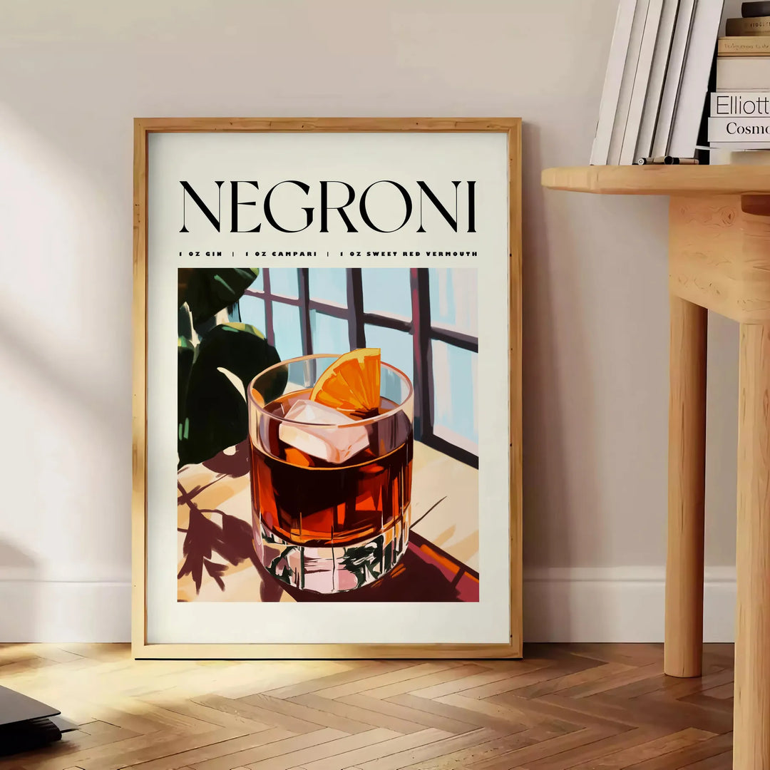 Stylized illustration of a Negroni cocktail in orange and white