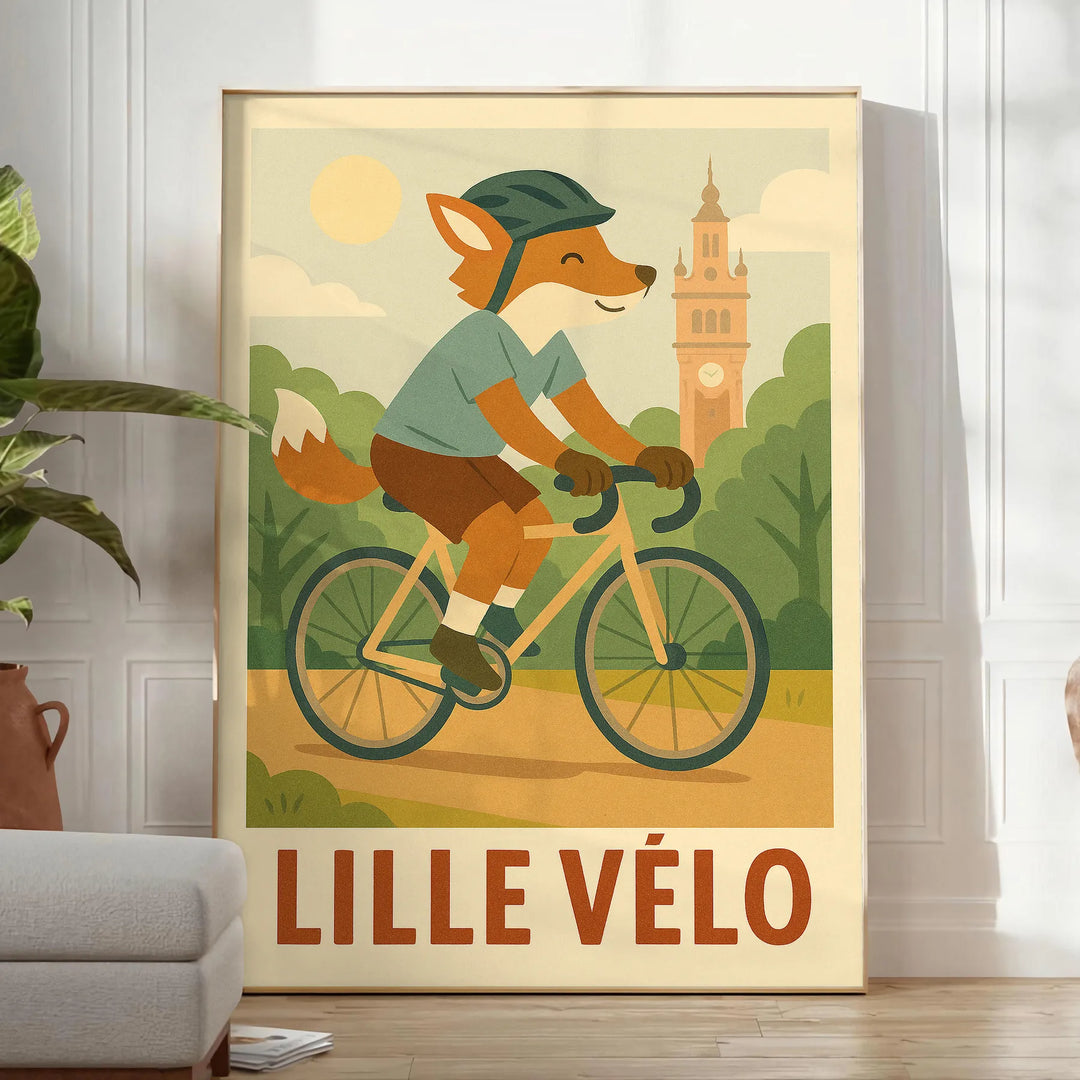 Playful orange fox riding a bicycle against a green background