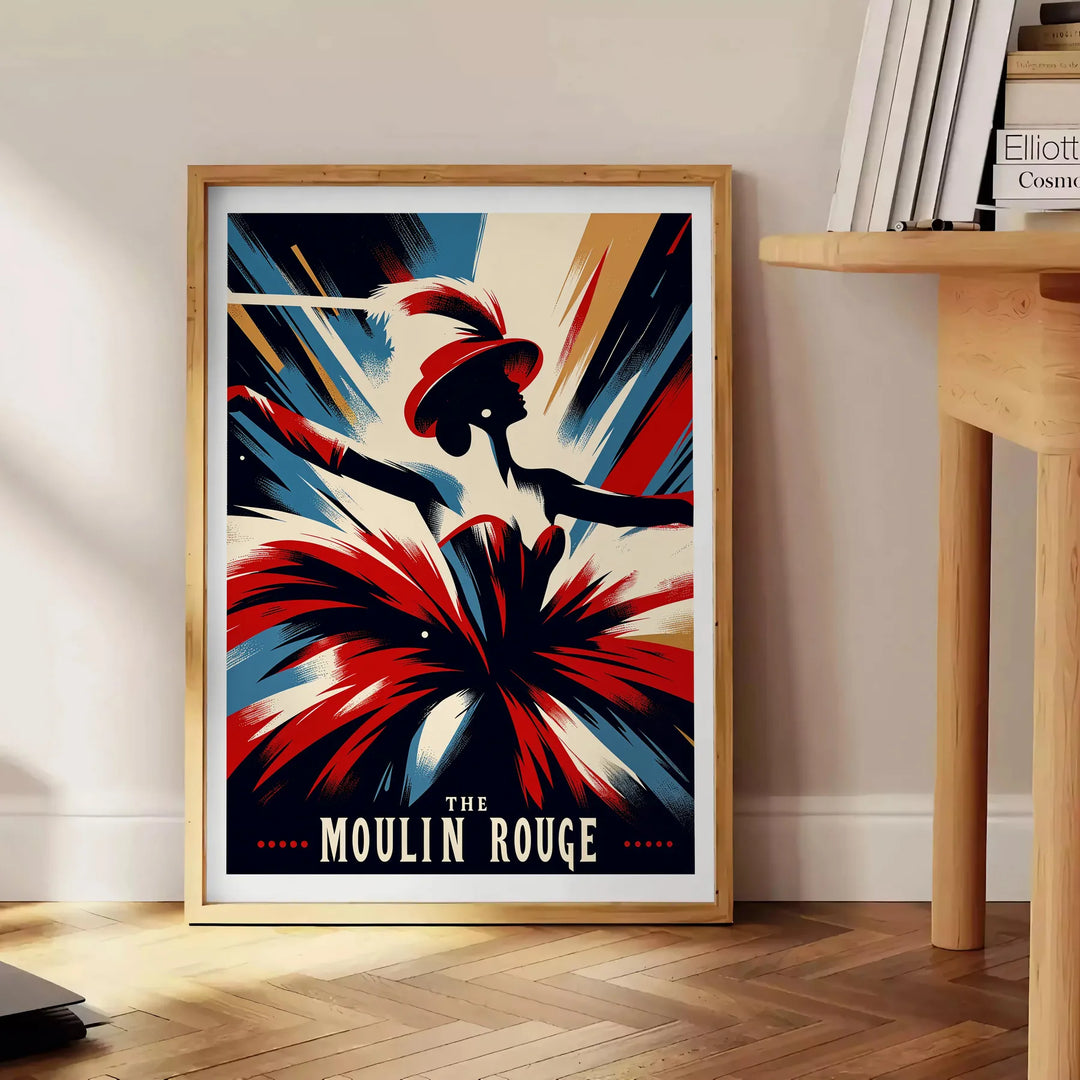 Vintage Moulin Rouge dancer artwork poster in red and white