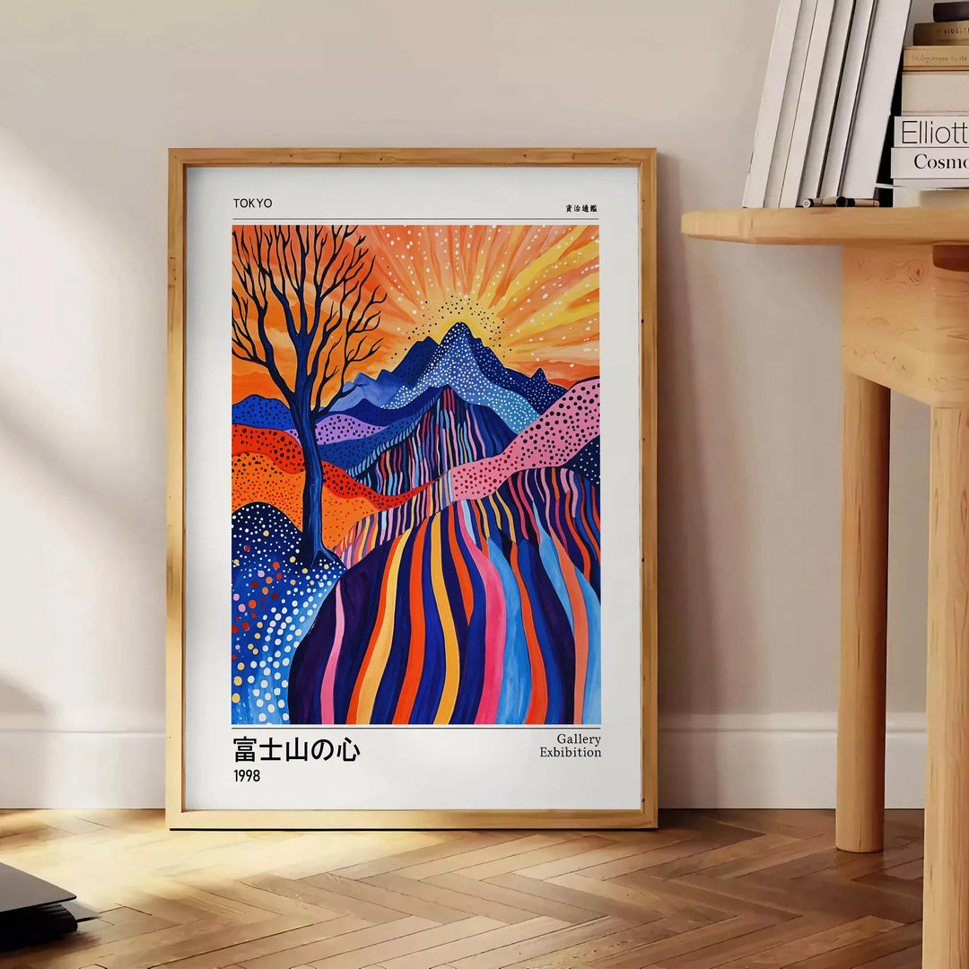 Abstract depiction of Mount Fuji with polka dots in blue and white