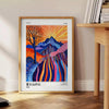 Abstract depiction of Mount Fuji with polka dots in blue and white