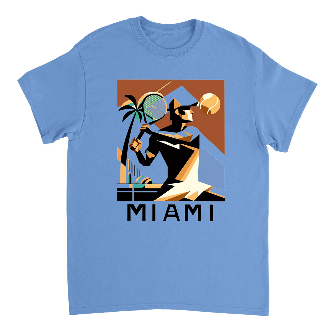 T-shirt featuring a tennis player in action against a Miami skyline