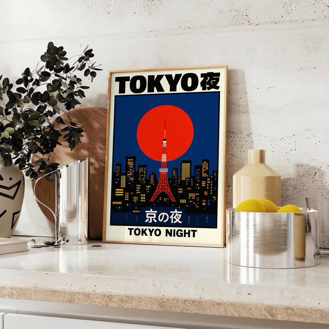 Minimalist depiction of Tokyo skyline at night with neon accents