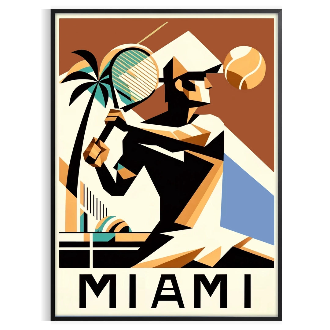 White and green Miami tennis poster, minimalist retro artwork style