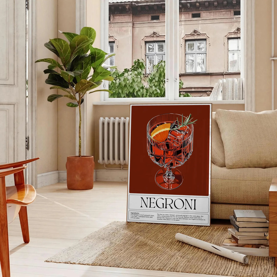 Minimalist Negroni cocktail poster, gray and brown watercolor composition