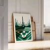 Vintage poster showing baseball player with Paris motifs in retro style