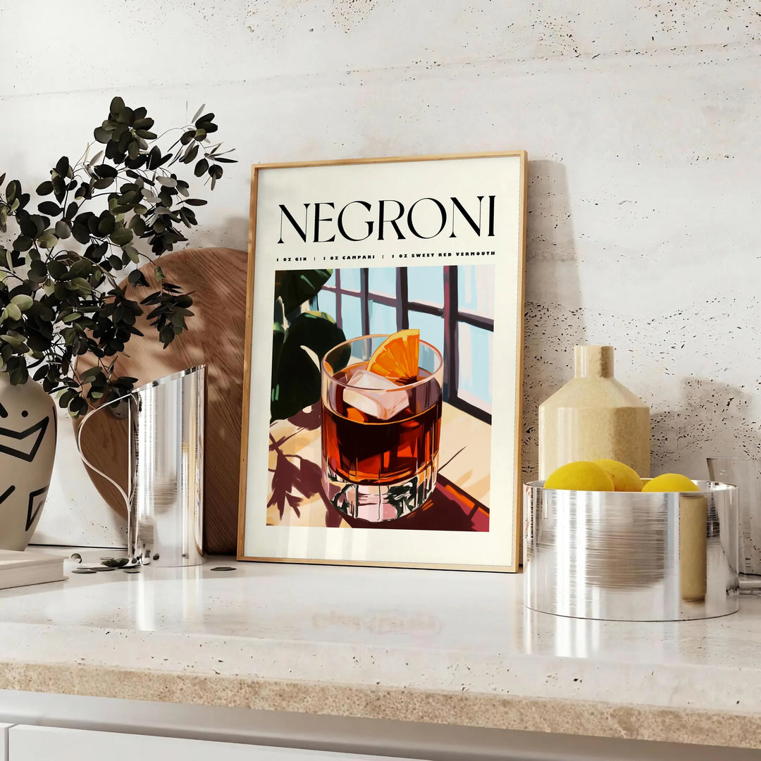Stylized illustration of a Negroni cocktail in orange and white