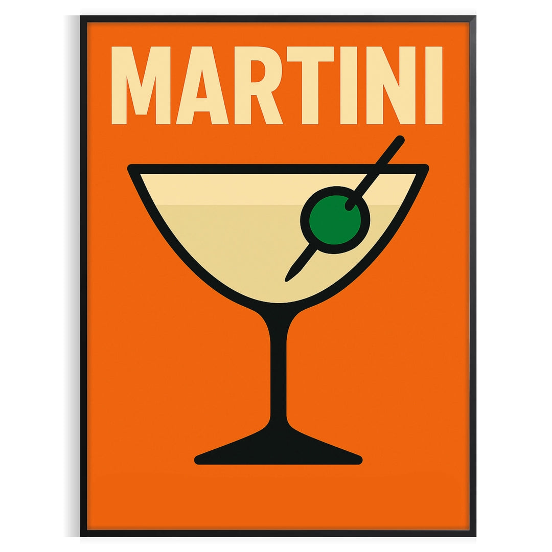 Black and orange martini poster, minimalist graphic cocktail artwork for wall