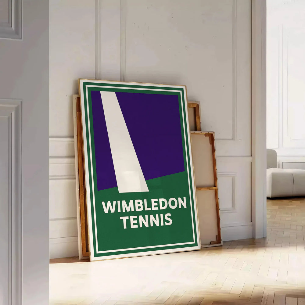 Minimal Wimbledon tennis poster with gray, green, and black geometric design