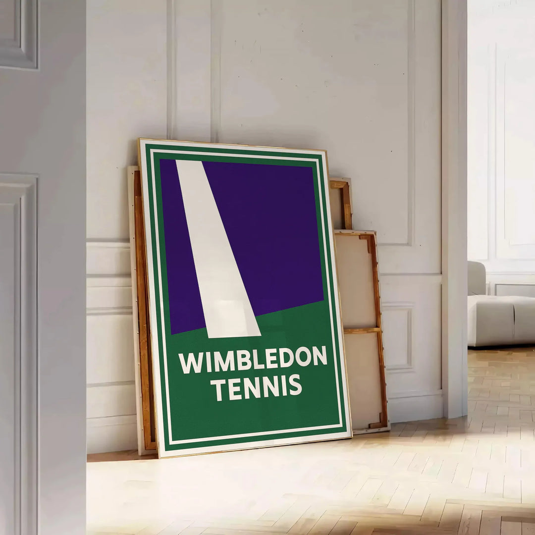 Minimalistyczny plakat Wimbledon tenis w szarości, zieleni i czerni, prosty styl