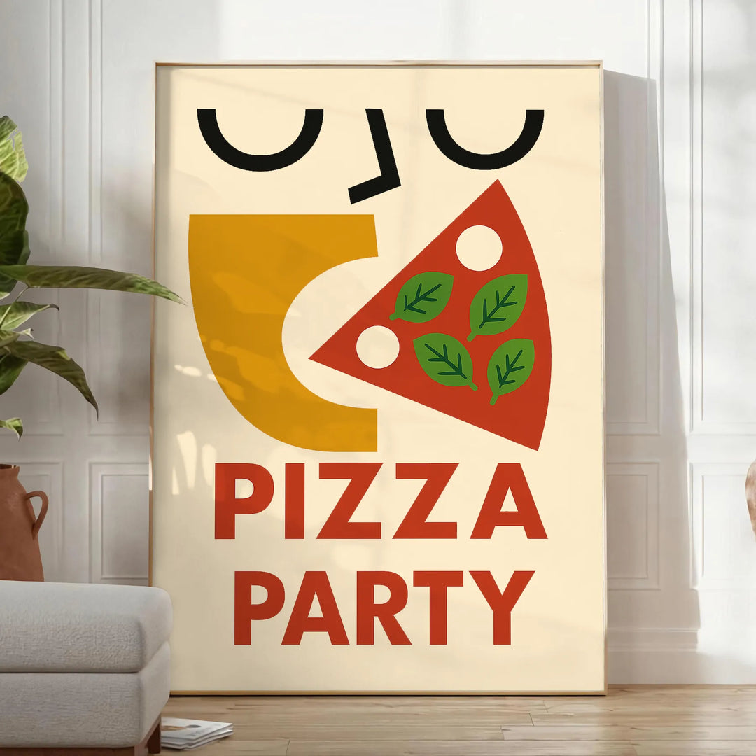 Kitchen pizza party poster, playful illustration with green and red accents