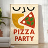Kitchen pizza party poster, playful illustration with green and red accents