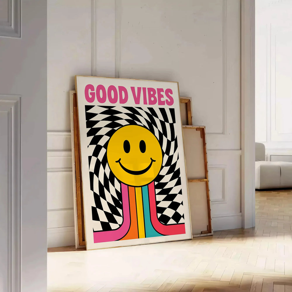 Minimalist poster featuring the phrase 'Good Vibes' in white and orange typography