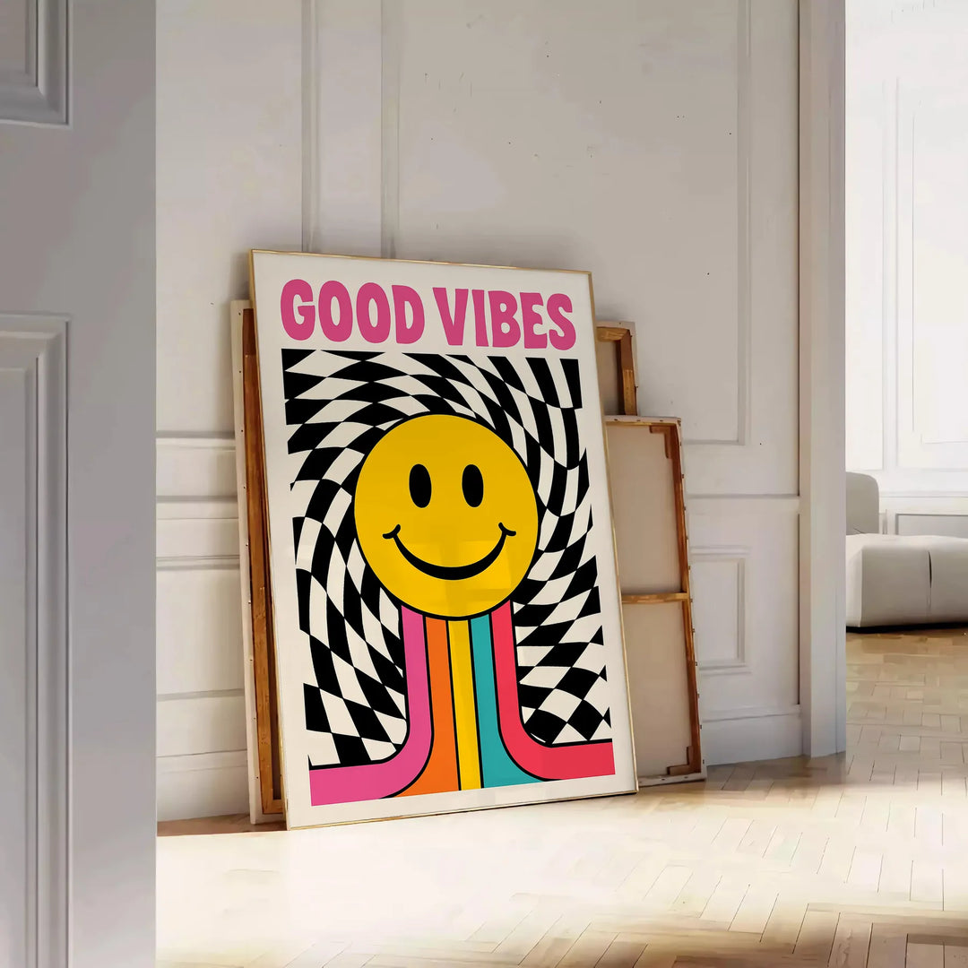 白とオレンジのタイポグラフィで書かれた「Good Vibes」のミニマリストポスター
