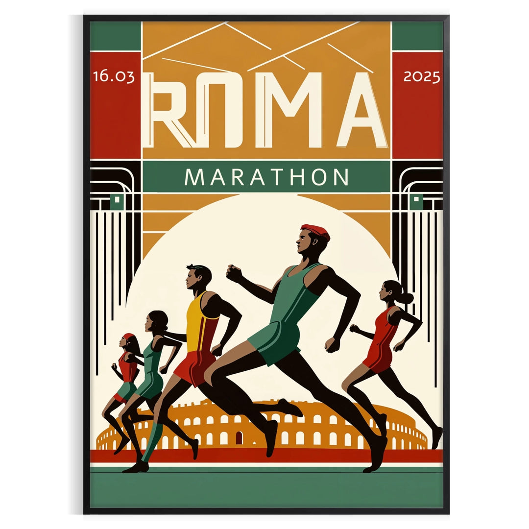Poster featuring bold graphic Rome marathon design in white and red.