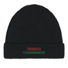 Embroidered beanie featuring a small tennis motif on a cotton fabric