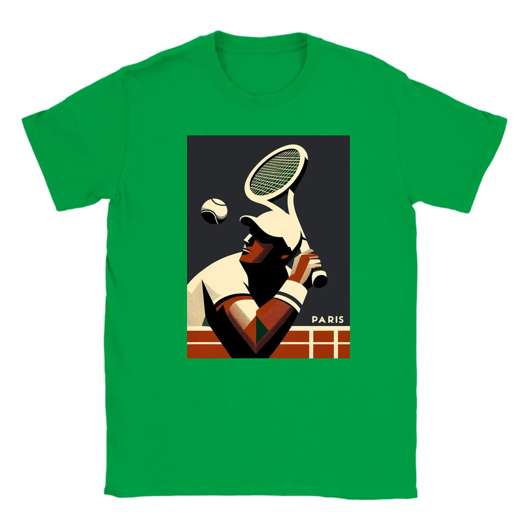 T-shirt featuring a graphic design of tennis elements and Paris landmarks