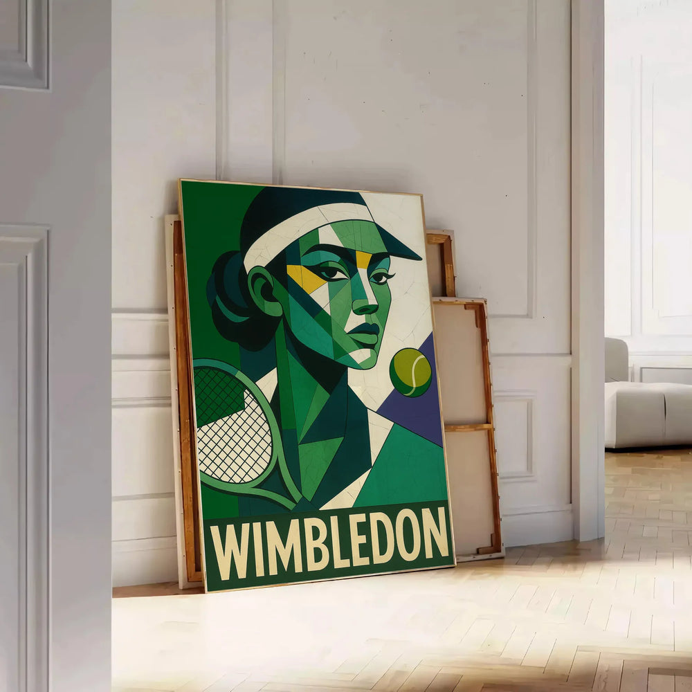 Gray and green Cubist Wimbledon tennis poster showing abstract racket silhouettes