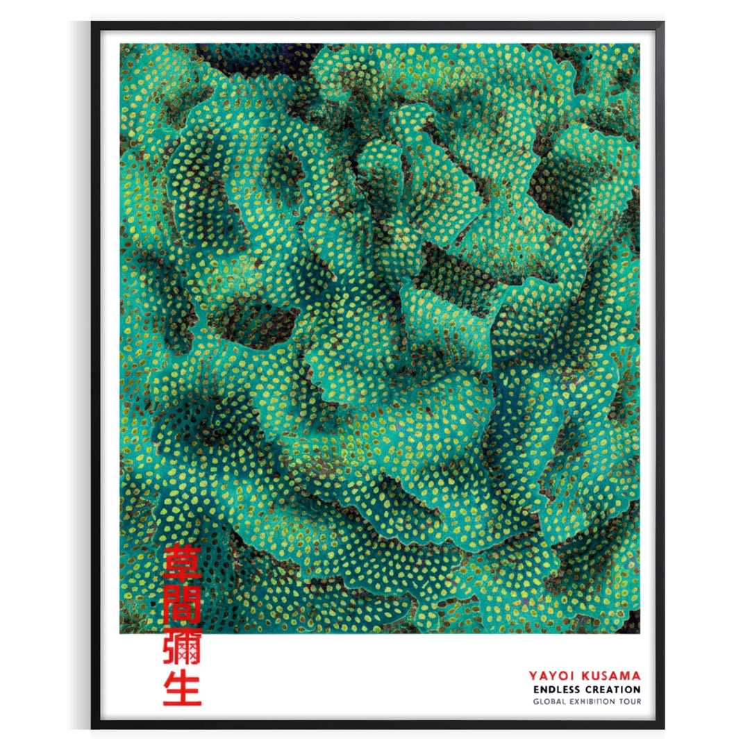 Yayoi Kusama flow poster with brown and green abstract contemporary design