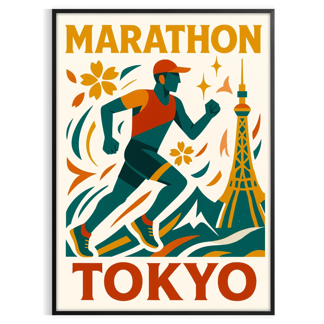 Gray and blue Tokyo marathon poster, minimalist running silhouette design