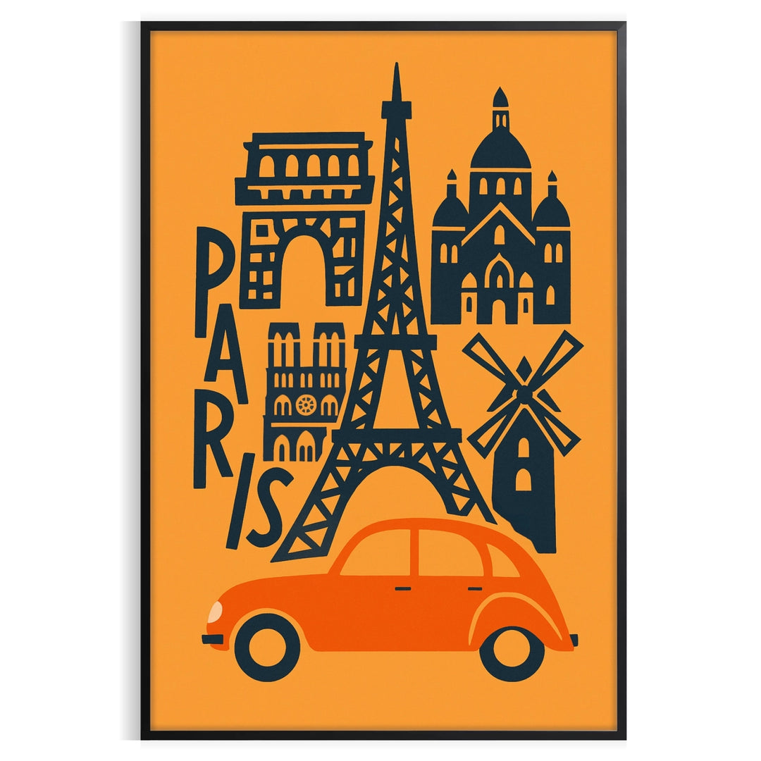 Illustration of the Paris skyline in warm reds and oranges