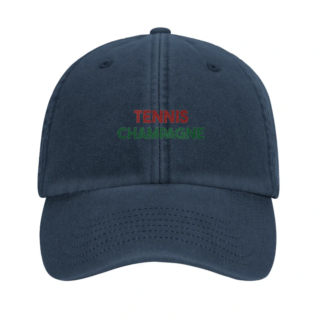 Embroidered cap featuring a vintage tennis design with champagne elements