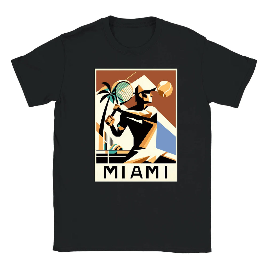 T-shirt featuring a graphic of tennis rackets and a Miami skyline