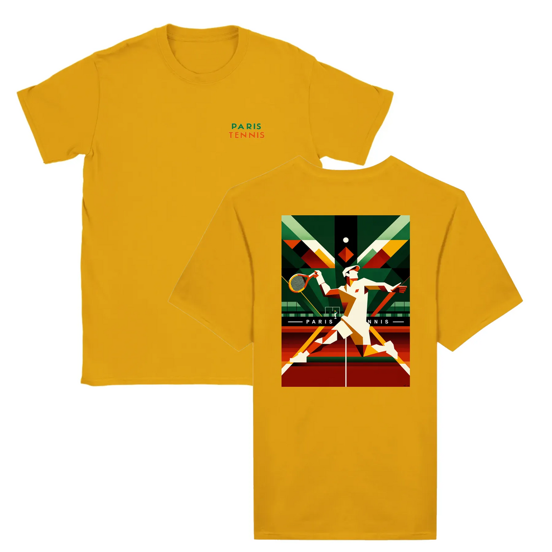 T-shirt featuring a graphic of tennis rackets and a ball with Paris skyline