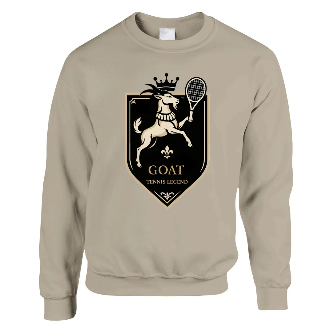 Unisex sweater with a graphic print of a tennis player and the text 'Legend Goat'
