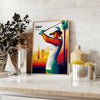 Vintage illustration of Palm Springs, California with a black palm silhouette against an orange sunset