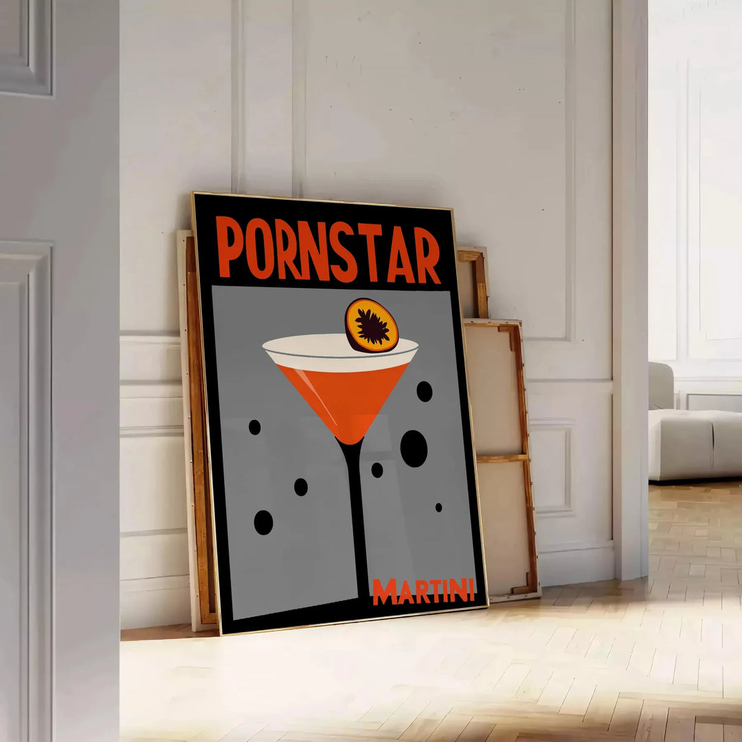 Poster of Pornstar Martini cocktail illustration in red and orange palette