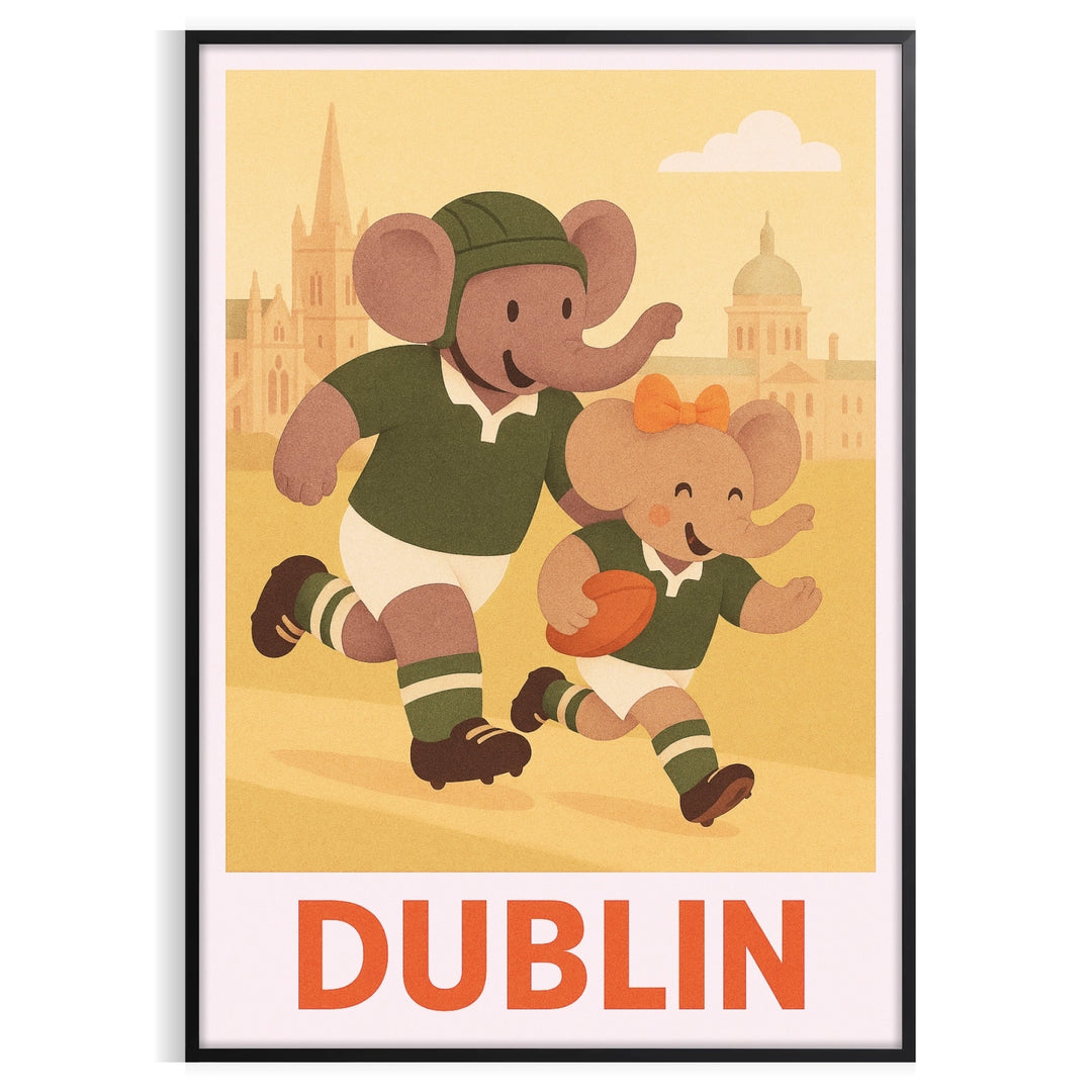 Art Deco illustration of an elephant playing rugby in Dublin