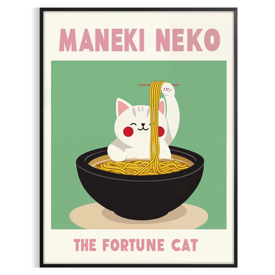 Illustration of a Maneki Neko in a Japanese kitchen, featuring blue and black tones