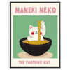 Illustration of a Maneki Neko in a Japanese kitchen, featuring blue and black tones