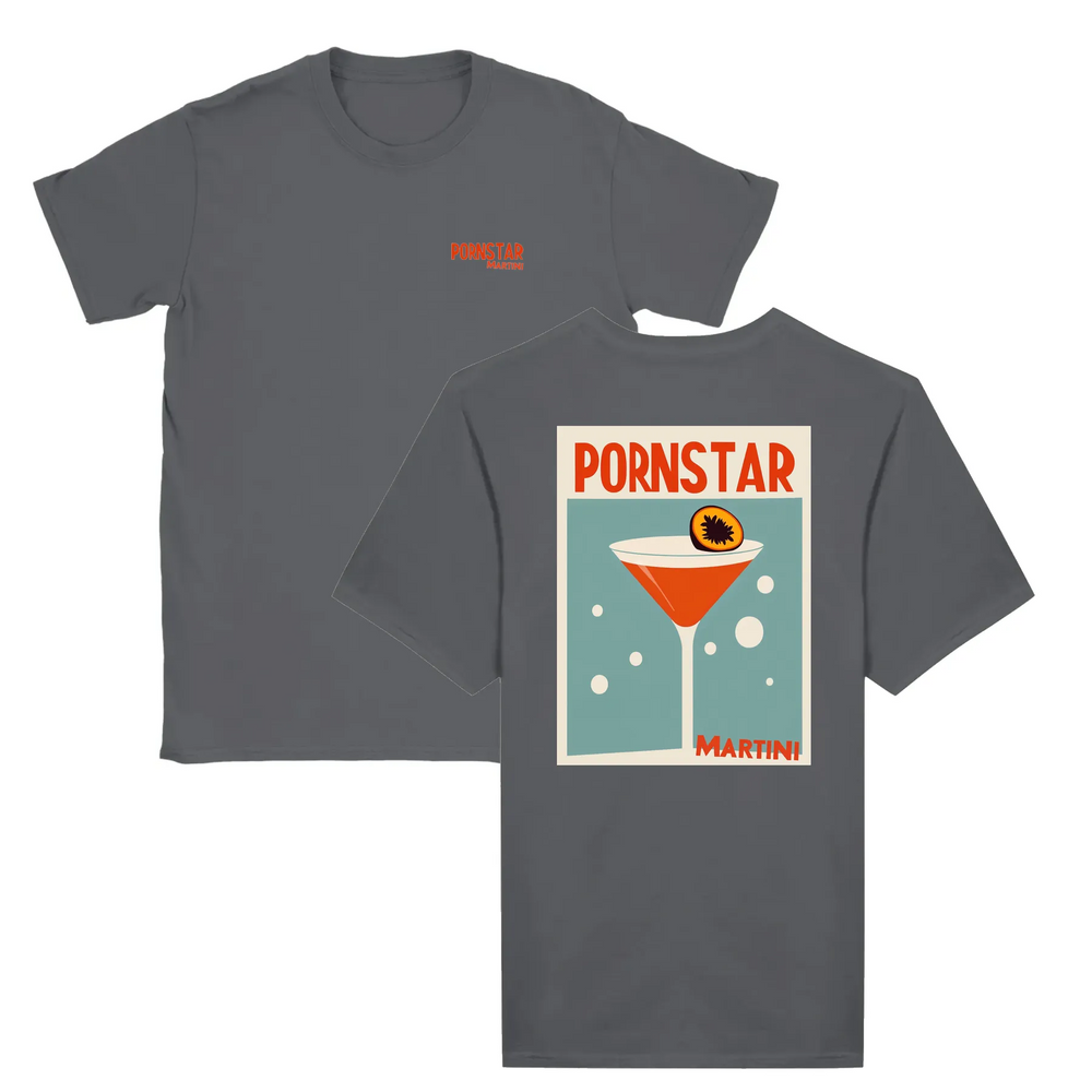 T-shirt featuring a graphic of a Pornstar Martini cocktail