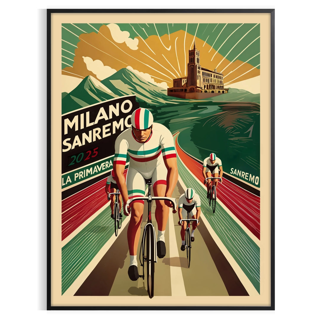 Vintage poster depicting cyclists racing through a green landscape with orange accents