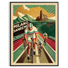 Vintage poster depicting cyclists racing through a green landscape with orange accents