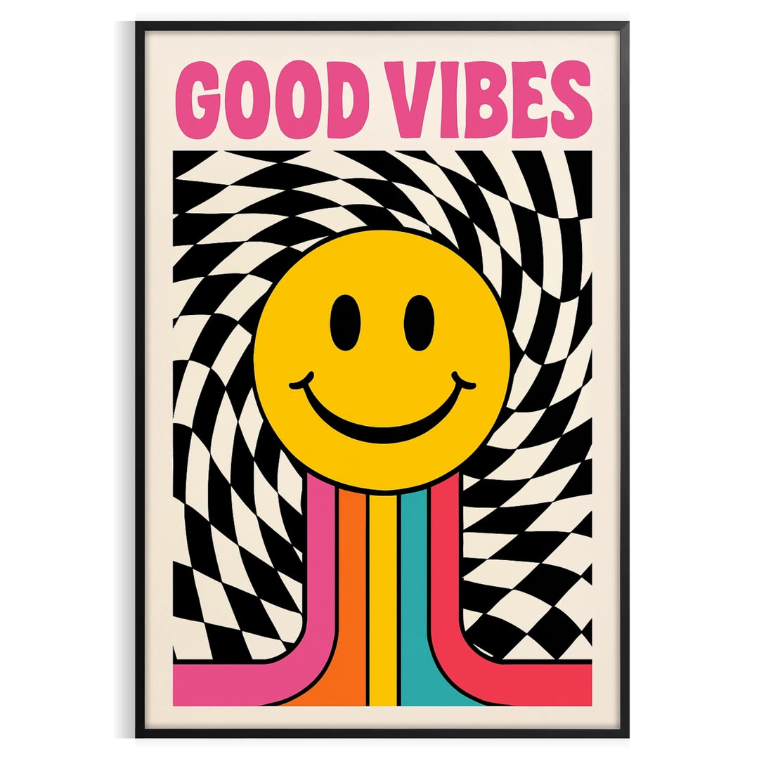 Minimalist poster featuring the phrase 'Good Vibes' in white and orange typography