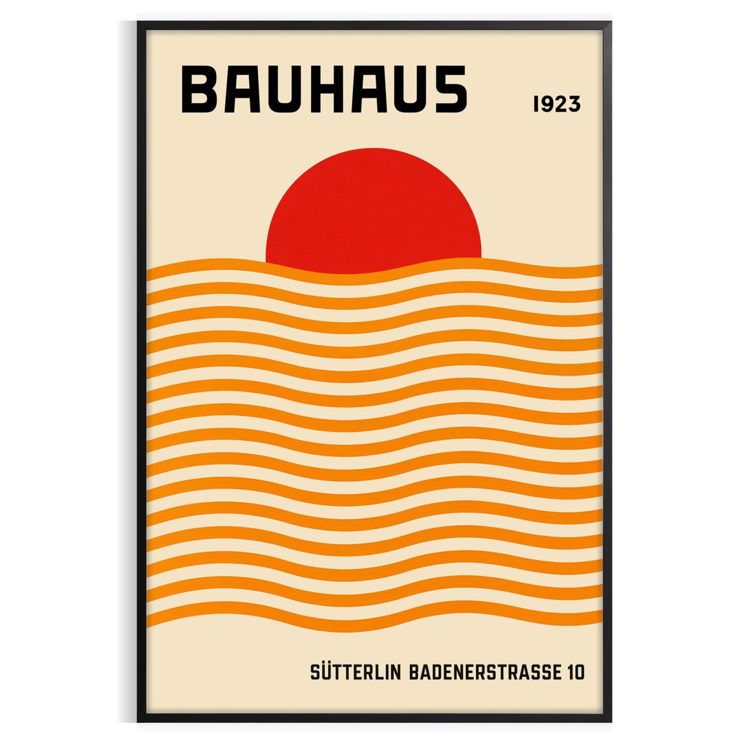Bauhaus sun poster with red, orange and yellow geometric abstract design