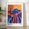 Abstract depiction of Mount Fuji with polka dots in blue and white