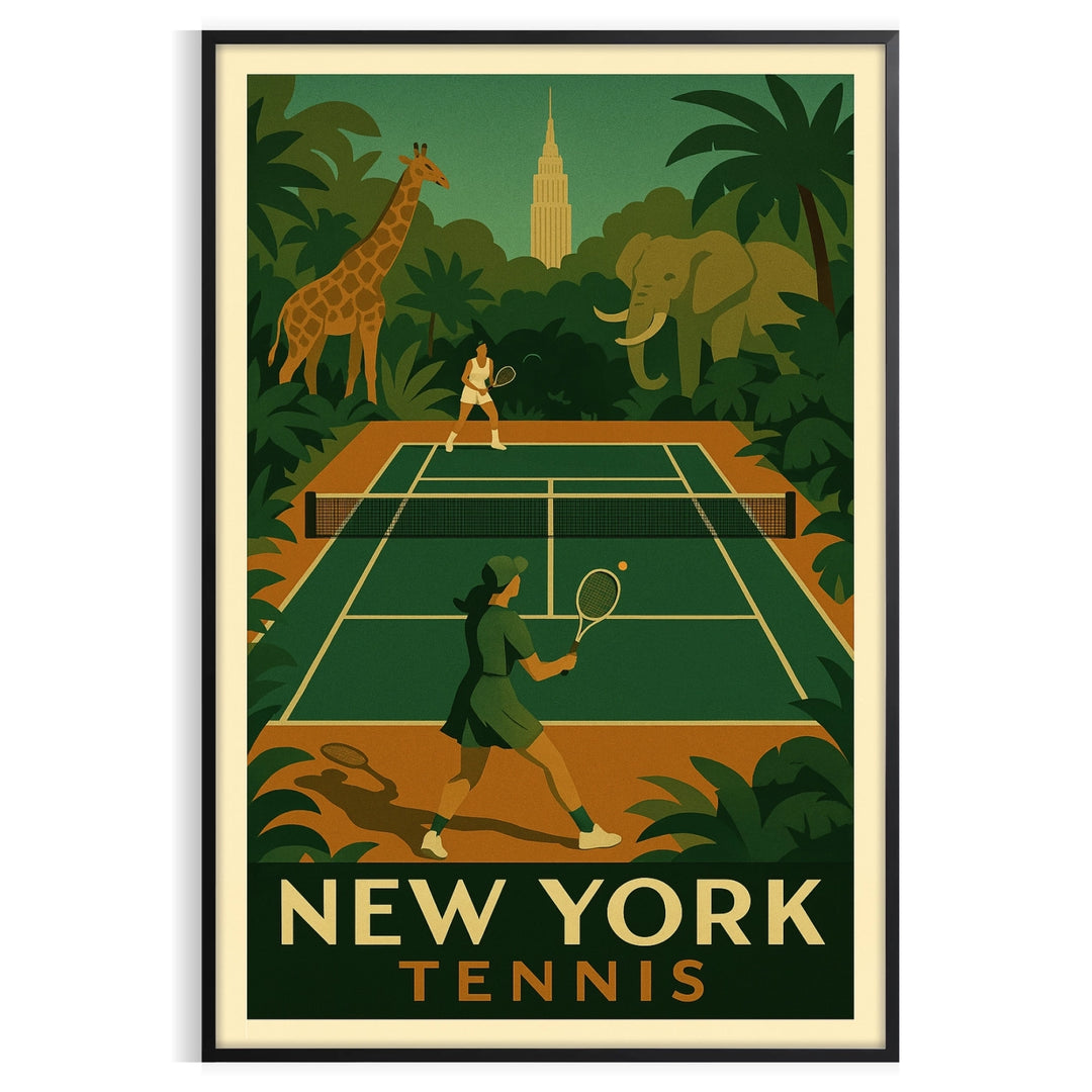 Stylized depiction of a jungle in New York with a tennis racket, earthy tones