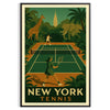 Representación estilizada de una jungla en Nueva York con una raqueta de tenis, tonos tierra