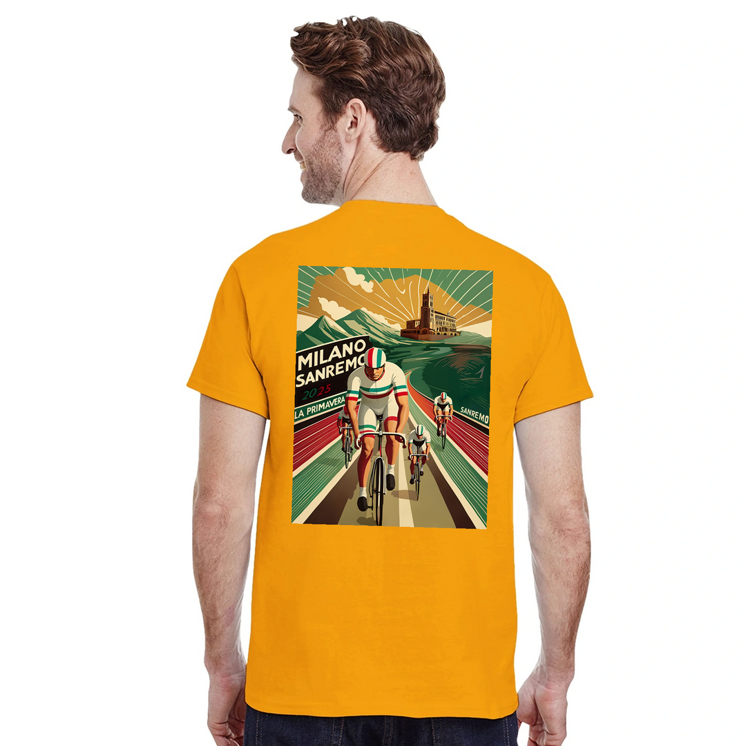 T-shirt featuring a graphic of the Milano–Sanremo cycling race