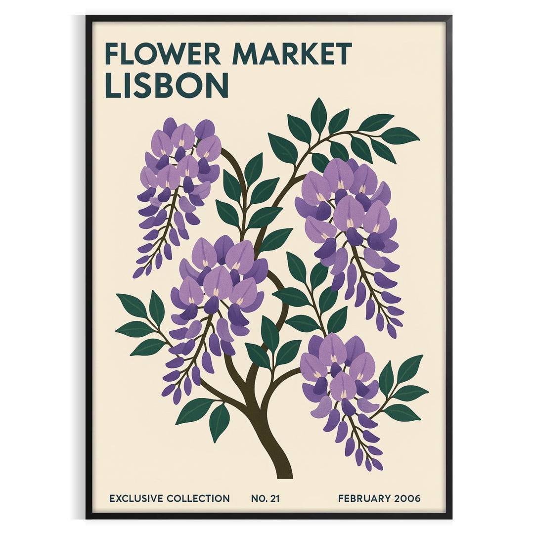 Botanical Lisbon flower market poster in blue and gray vintage style