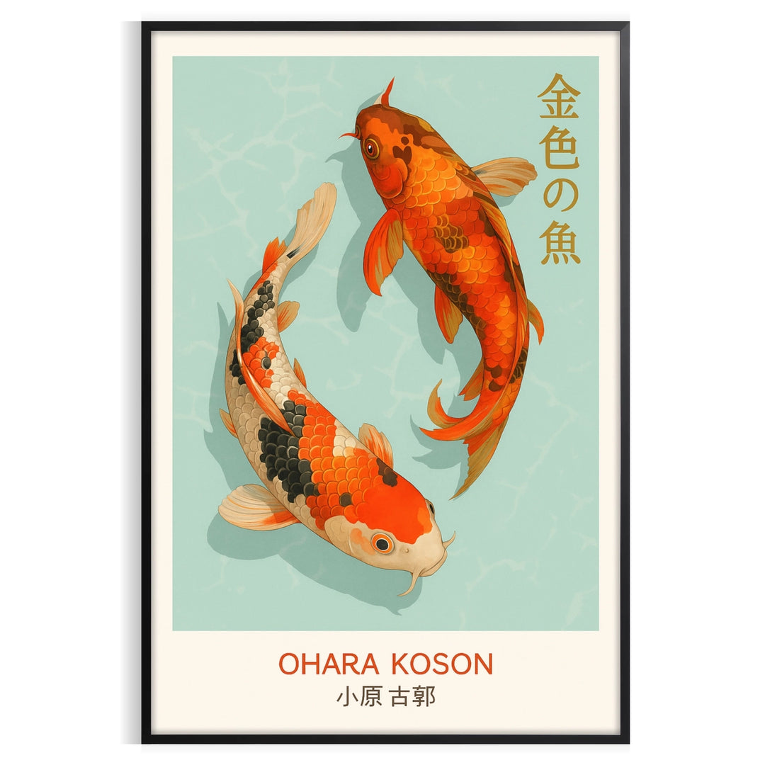Traditional Japanese woodblock print of colorful fish in blue and red