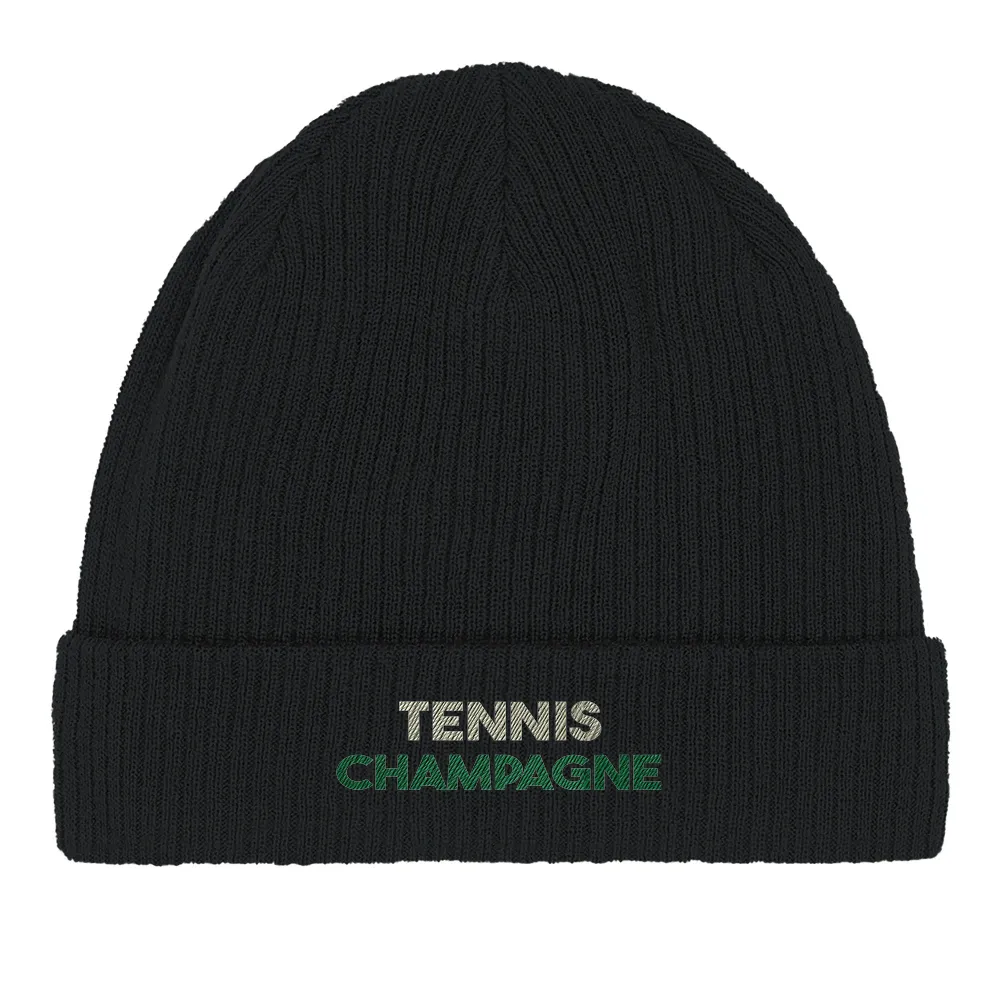 Embroidered beanie featuring a tennis motif on soft cotton fabric