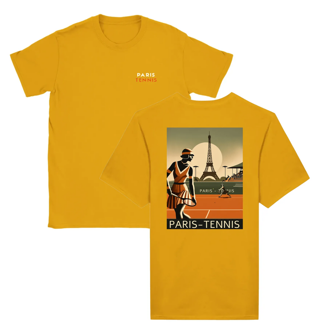 T-shirt featuring a graphic print of tennis elements and the Eiffel Tower