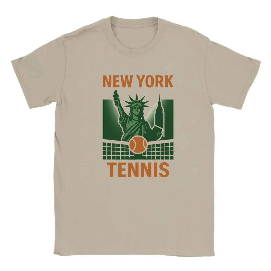 T-shirt featuring a graphic of tennis rackets and balls with New York text