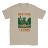 T-shirt featuring a graphic of tennis rackets and balls with New York text